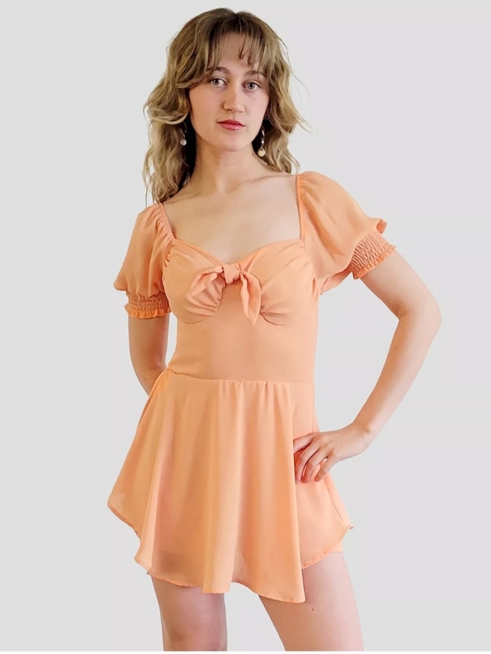 Orange BowFront Short Romper Mini Dress With Buolt In Bra/shorts